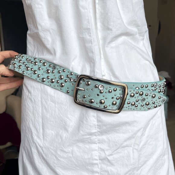 VTG Y2K Baby Blue Studded Rhinestone Leather Belt Wide McBling 1.75” 43” main image 6